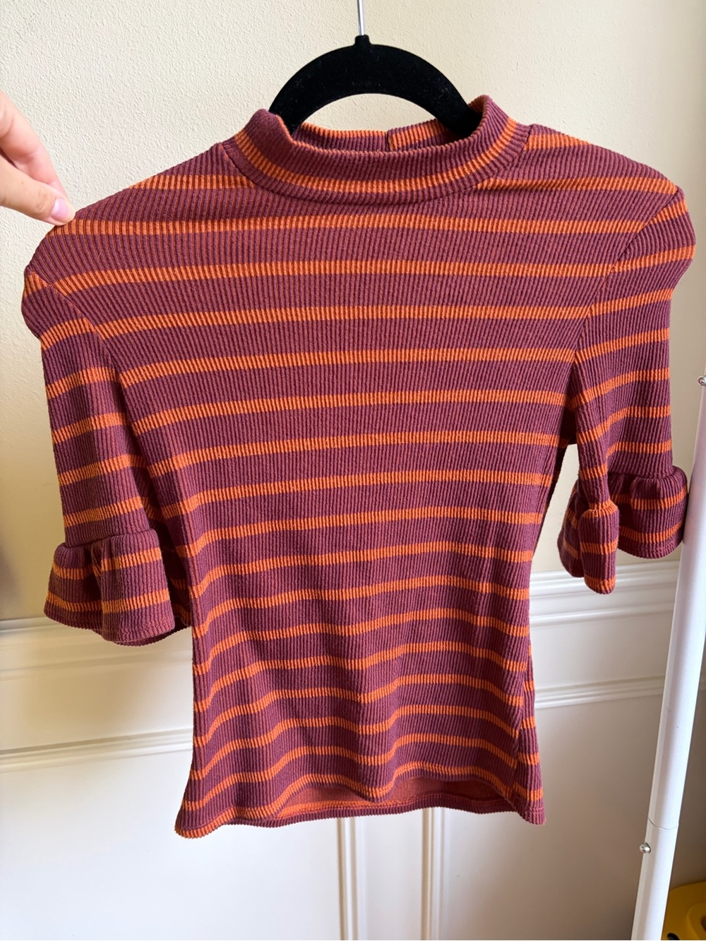 Roolee Striped Mock Neck Ruffle Sleeve Top - Rust & Orange